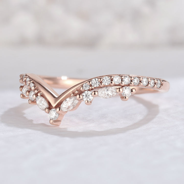 Chevron Moissanite 14k Rose Gold wedding Ring