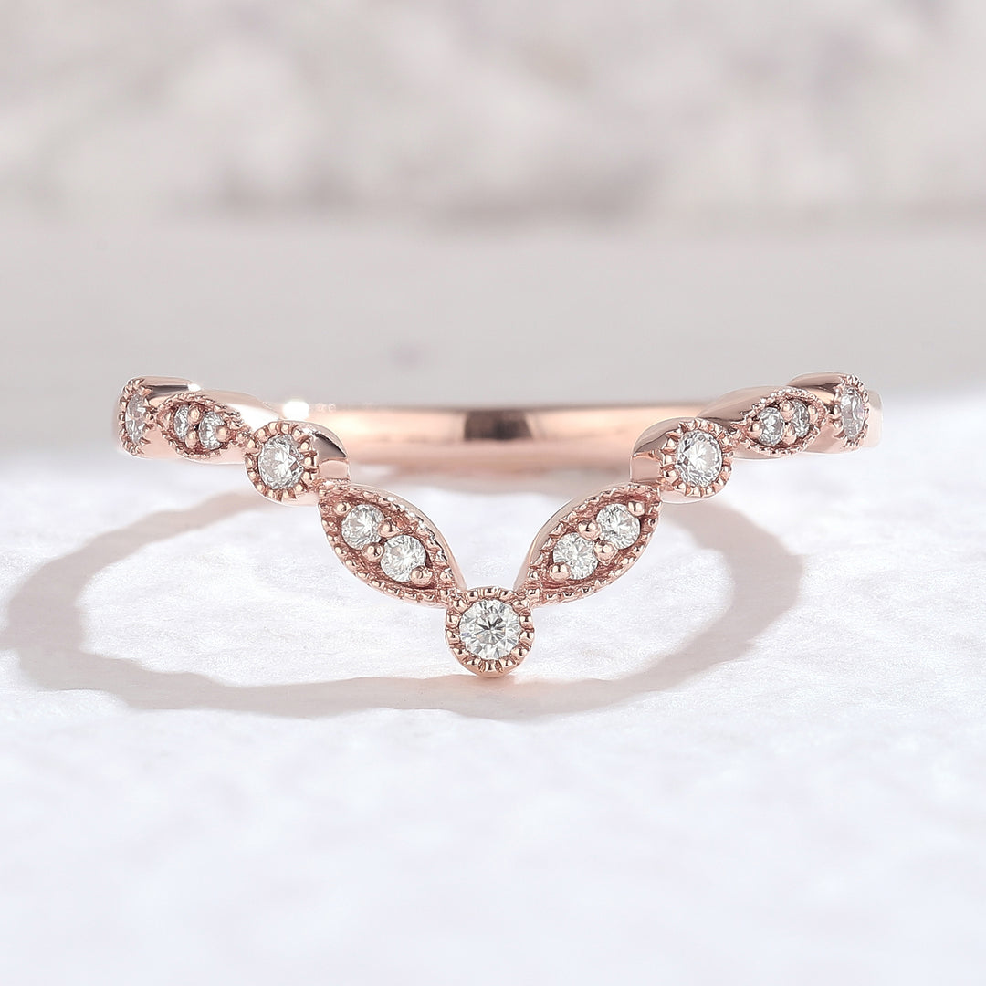 Chevron Round Cut Moissanite Rose Gold Wedding Ring