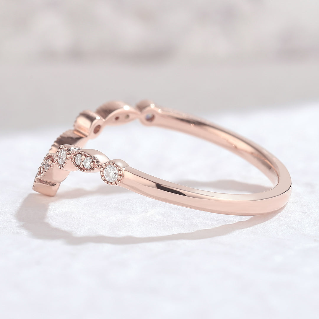 Chevron Round Cut Moissanite Rose Gold Wedding Ring