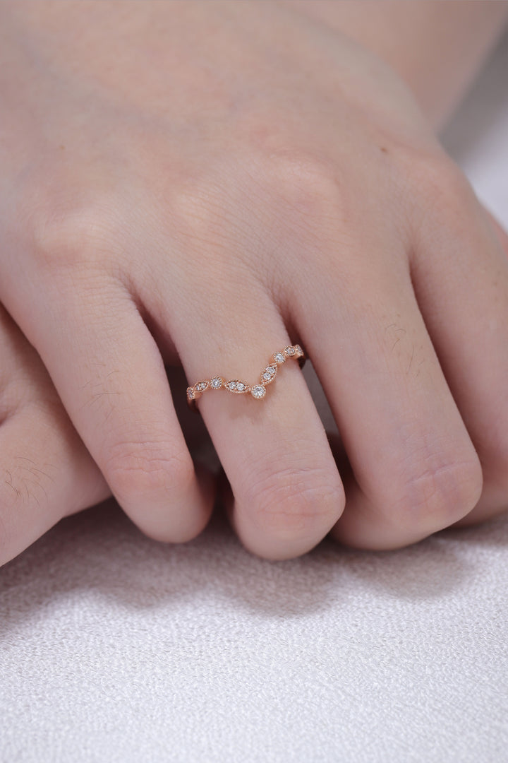 Chevron Round Cut Moissanite Rose Gold Wedding Ring