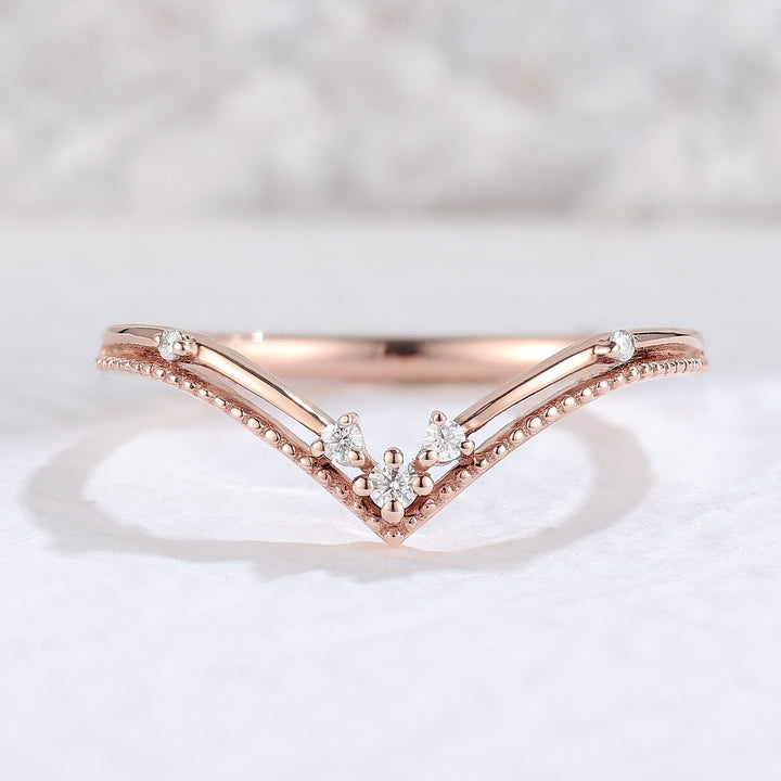 Chevron Round Moissanite Milgrain Pave Band 14k Rose Gold Wedding Ring