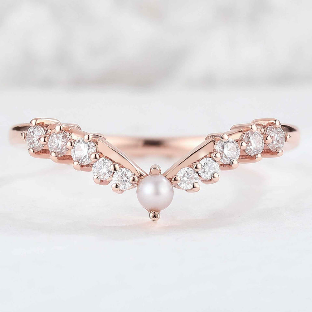 Chevron Round Pearl Moissanite 14k Rose Gold Wedding Band