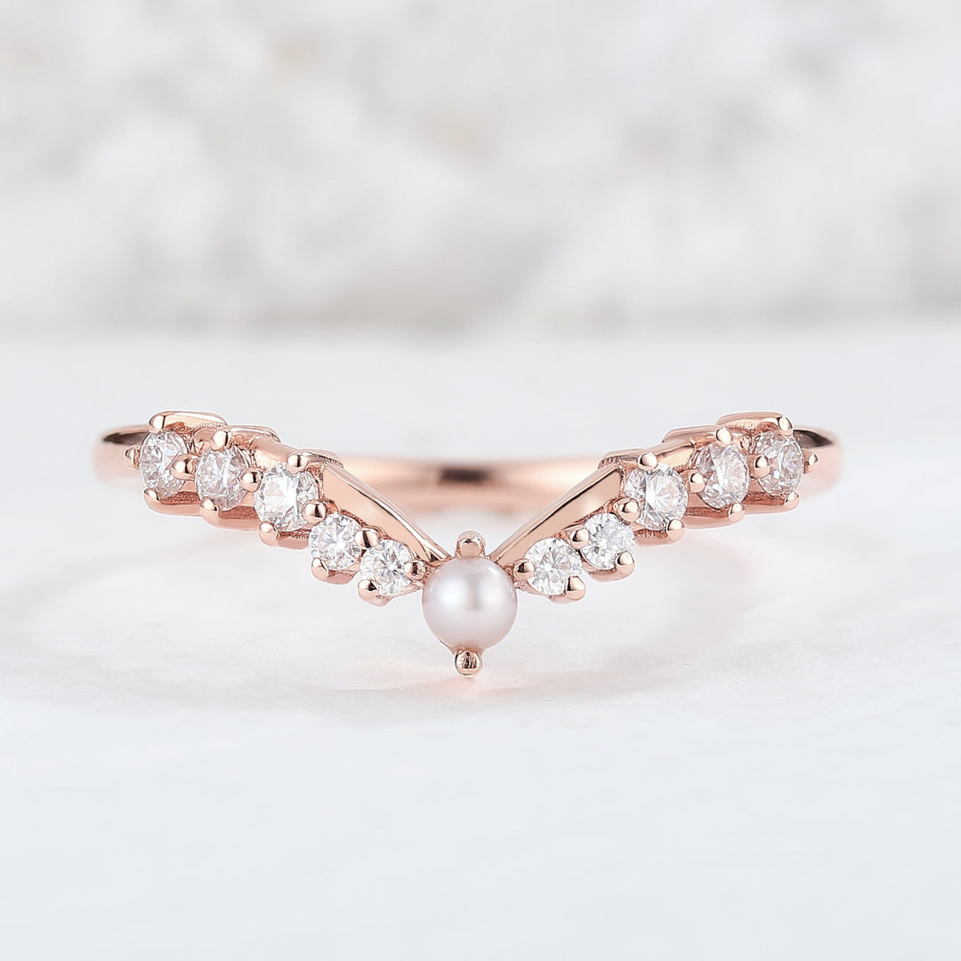 Chevron Round Pearl Moissanite 14k Rose Gold Wedding Band