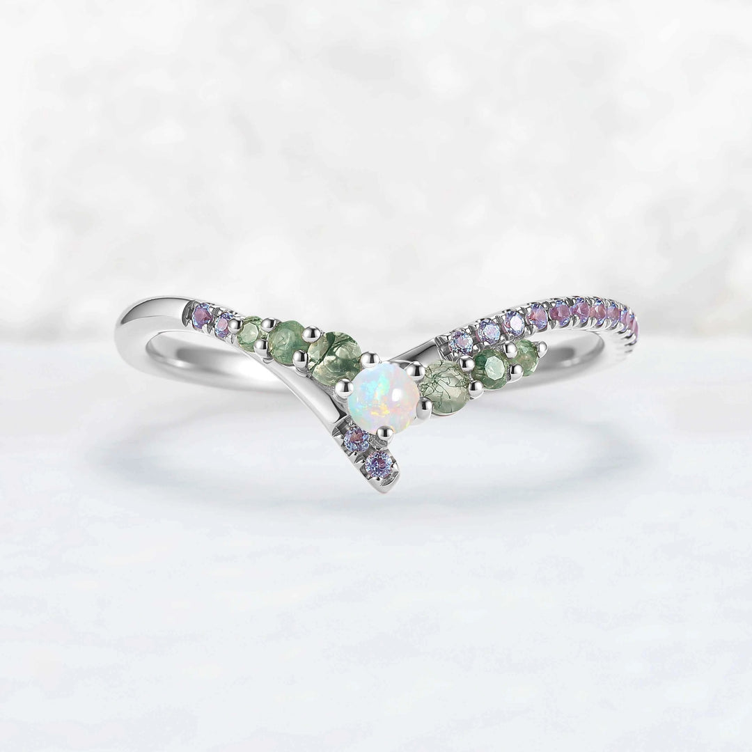 Chevron Alexandrite and Opal Rose Gold Wedding Band
