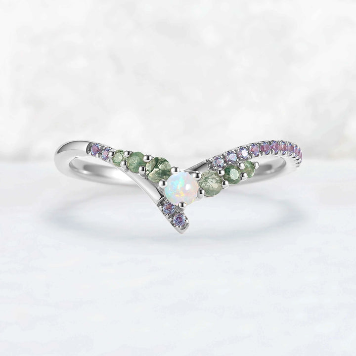 Chevron Alexandrite and Opal Rose Gold Wedding Band