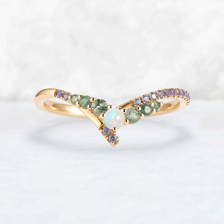 Chevron Alexandrite and Opal Rose Gold Wedding Band