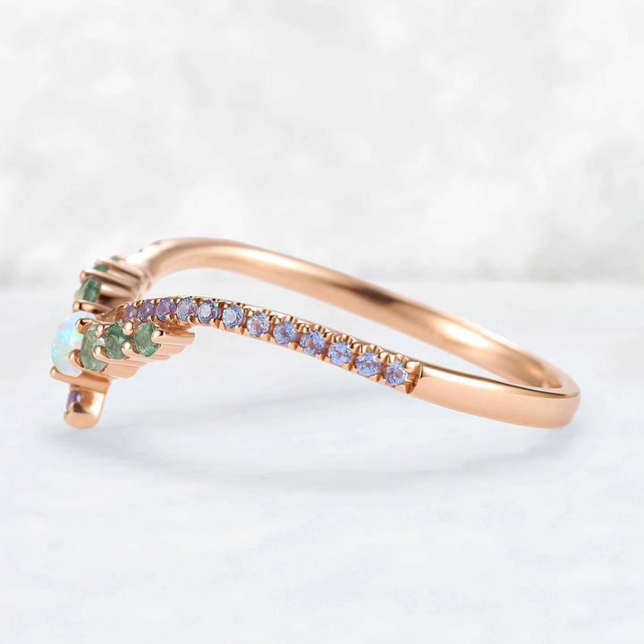 Chevron Alexandrite and Opal Rose Gold Wedding Band