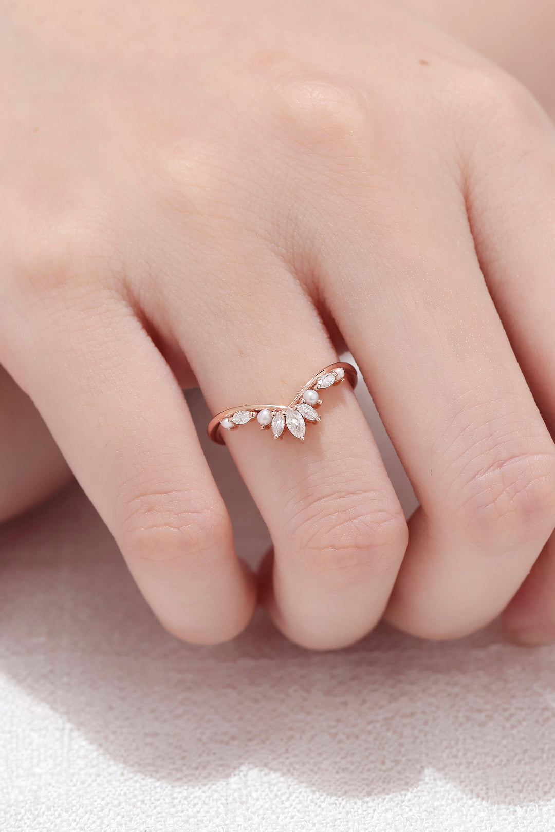 Chevron Marquise Cut Moissanite 14k Rose Gold Stacking Ring