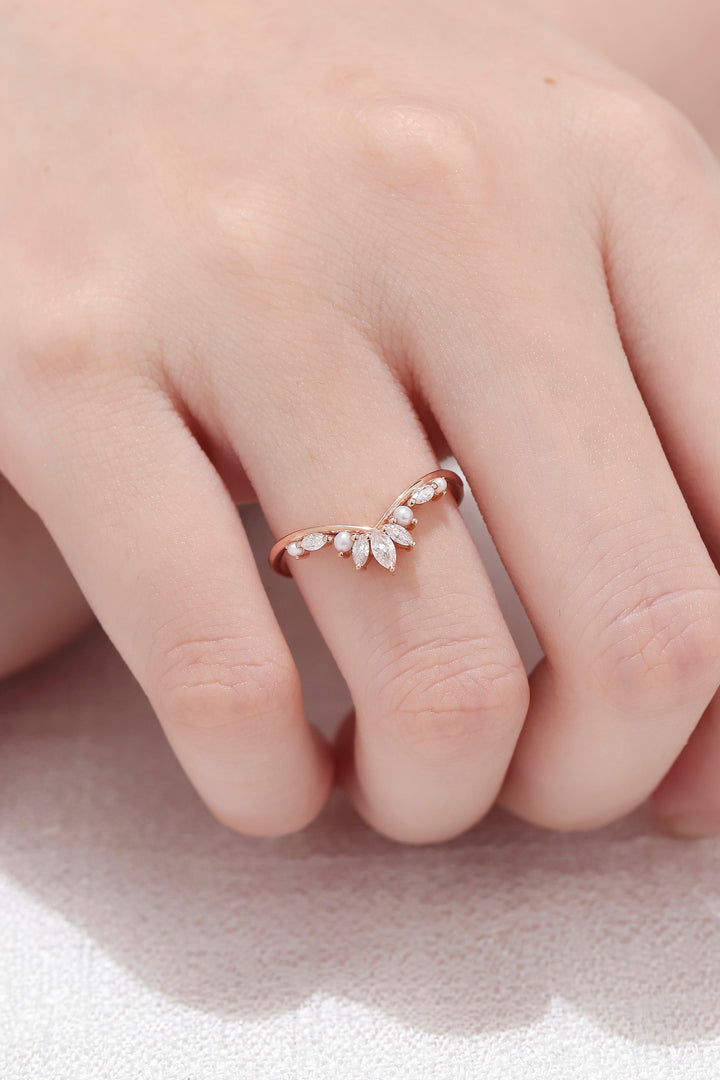 Chevron Marquise Cut Moissanite 14k Rose Gold Stacking Ring