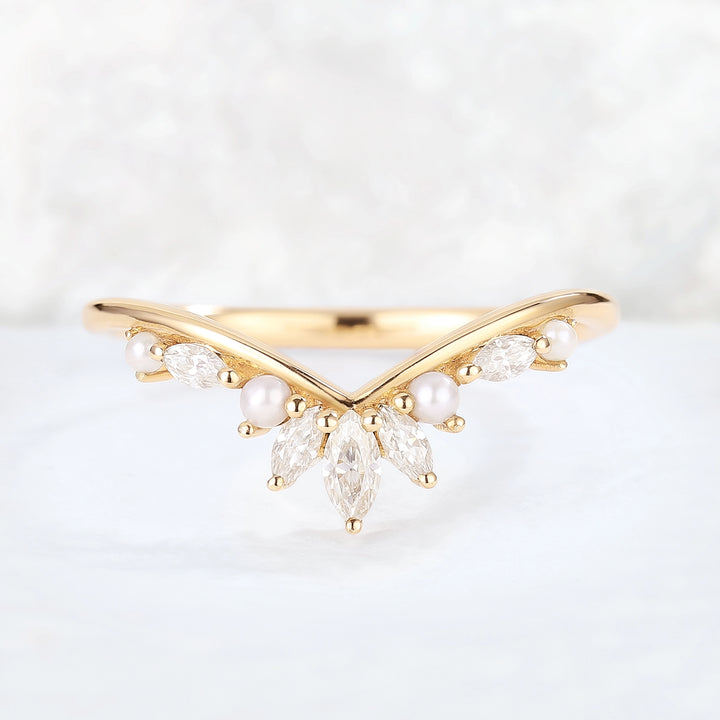 Chevron Marquise Cut Moissanite 14k Rose Gold Stacking Ring