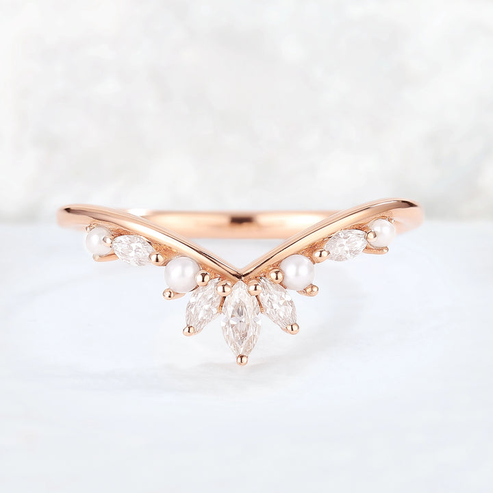Chevron Marquise Cut Moissanite 14k Rose Gold Stacking Ring
