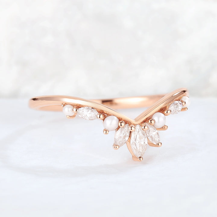 Chevron Marquise Cut Moissanite 14k Rose Gold Stacking Ring