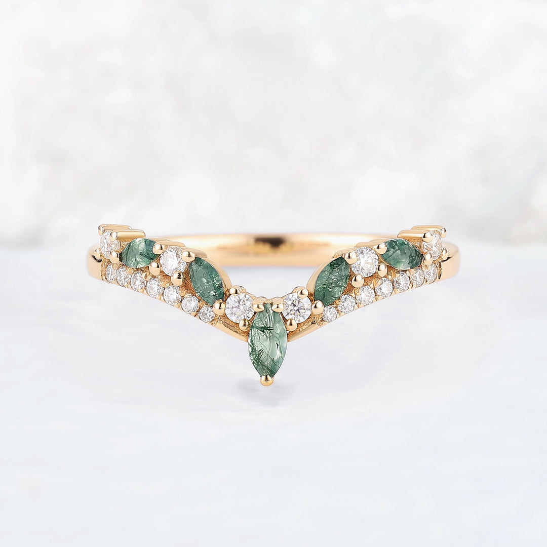 Chevron Marquise Cut Moss Agate 14k Rose Gold Stacking Ring