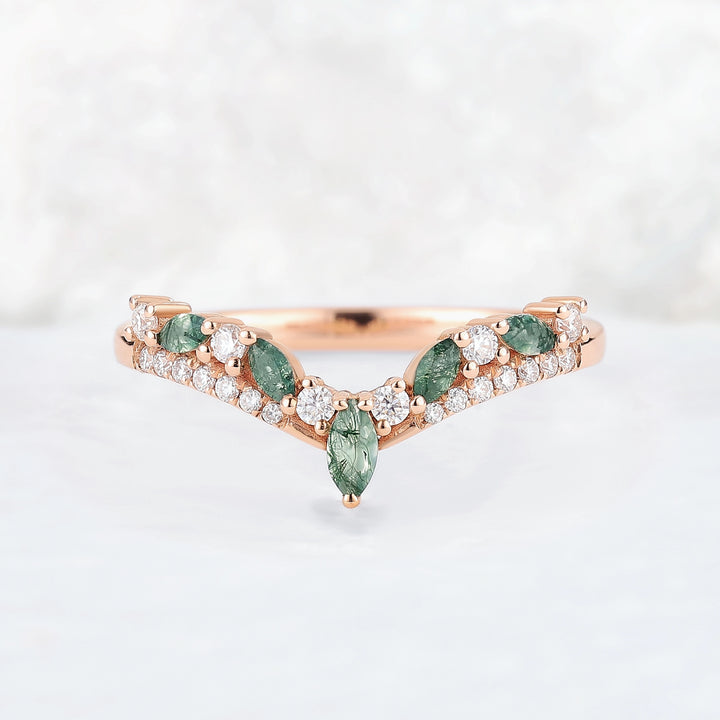 Chevron Marquise Cut Moss Agate 14k Rose Gold Stacking Ring