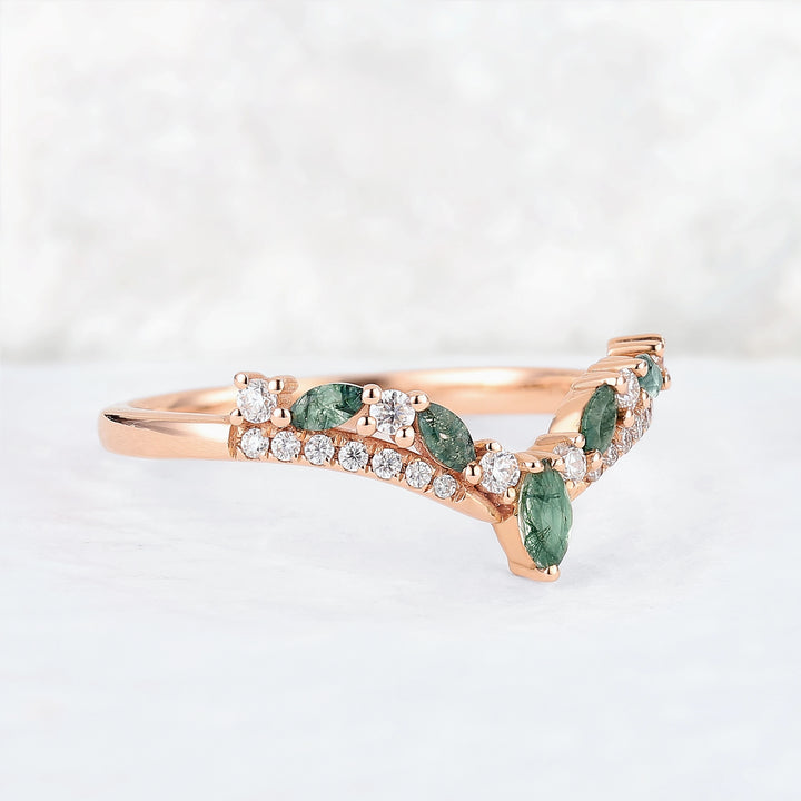 Chevron Marquise Cut Moss Agate 14k Rose Gold Stacking Ring