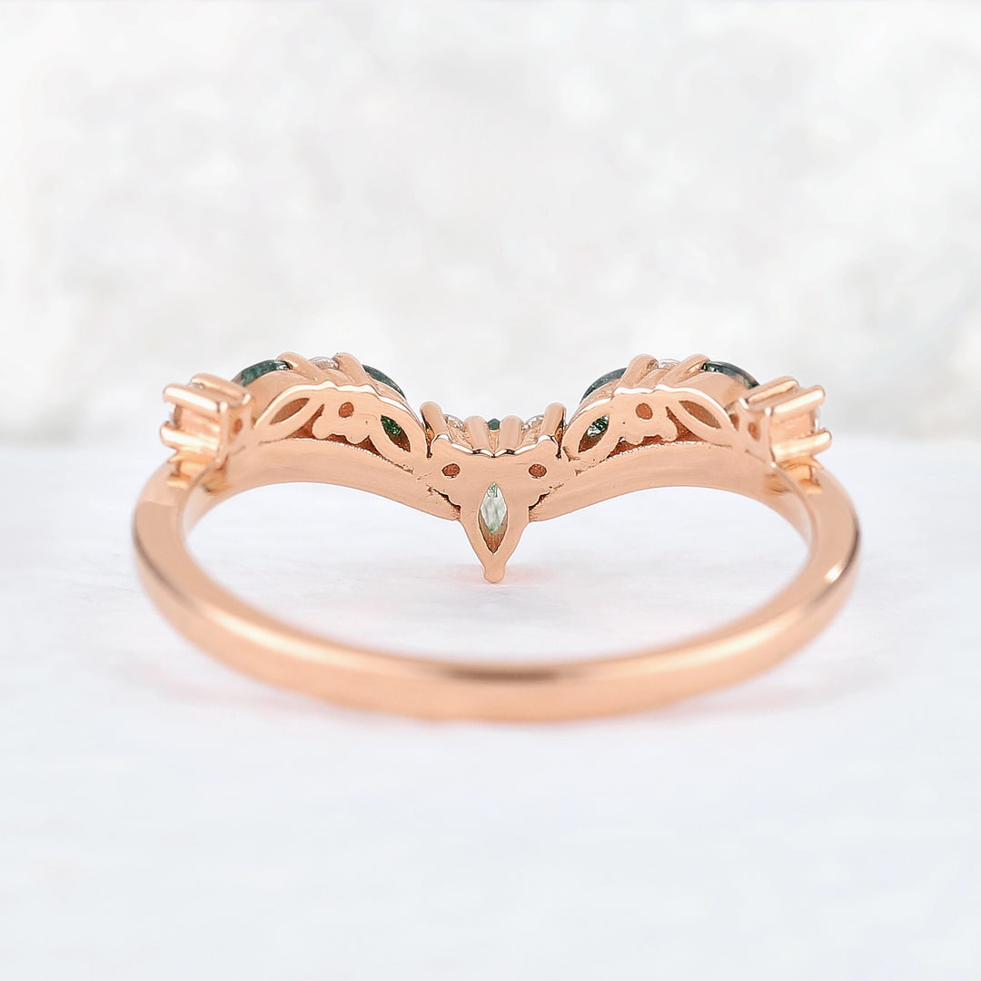 Chevron Marquise Cut Moss Agate 14k Rose Gold Stacking Ring