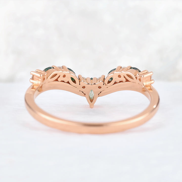 Chevron Marquise Cut Moss Agate 14k Rose Gold Stacking Ring