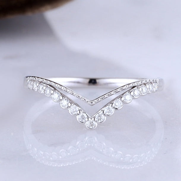 Chevron Moissanite 14k White Gold Wedding Band