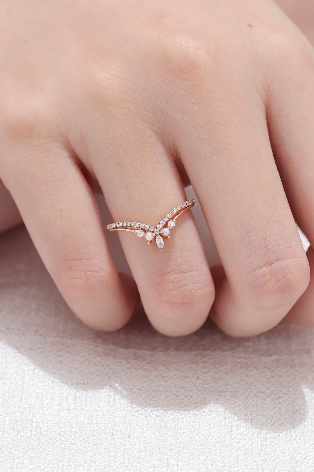 Chevron Moissanite and Pearl 10k Rose Gold Stacking Ring
