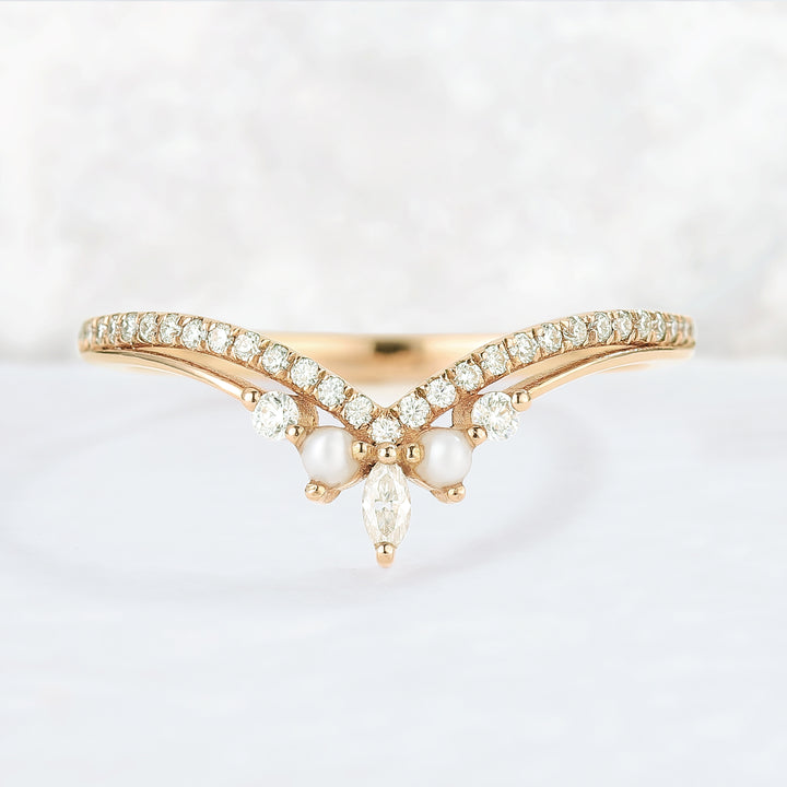 Chevron Moissanite and Pearl 10k Rose Gold Stacking Ring