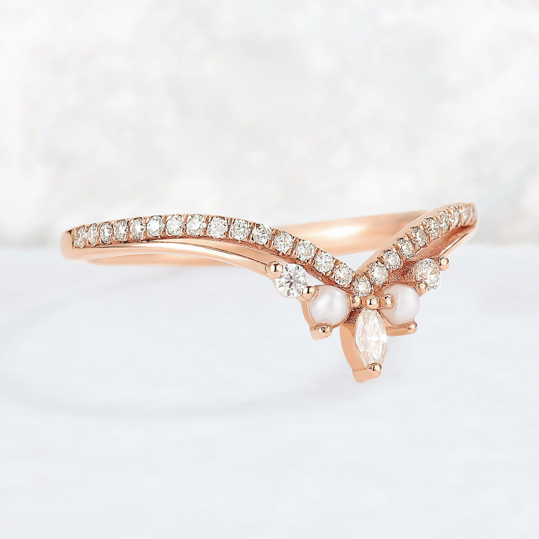 Chevron Moissanite and Pearl 10k Rose Gold Stacking Ring