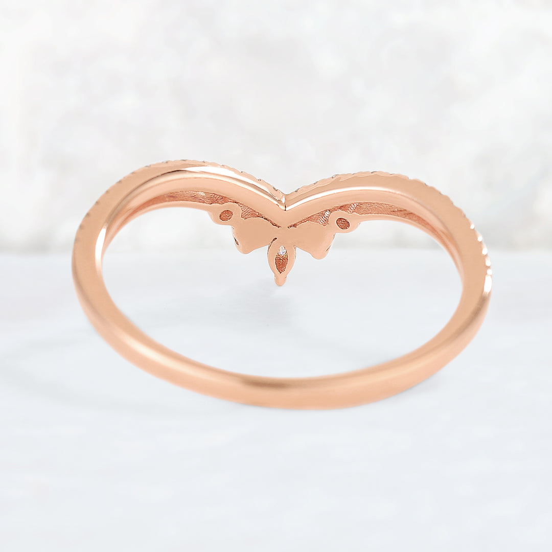 Chevron Moissanite and Pearl 10k Rose Gold Stacking Ring