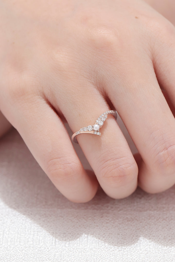 Chevron Moissanite and Pearl 14k Rose Gold Stacking Ring
