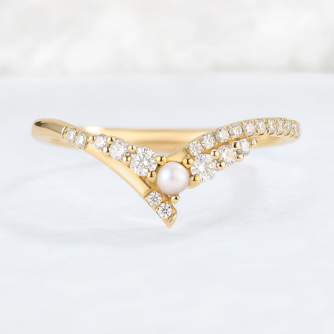 Chevron Moissanite and Pearl 14k Rose Gold Stacking Ring