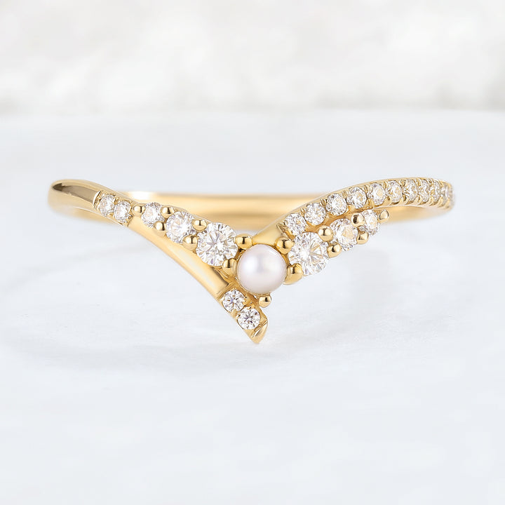 Chevron Moissanite and Pearl 14k Rose Gold Stacking Ring