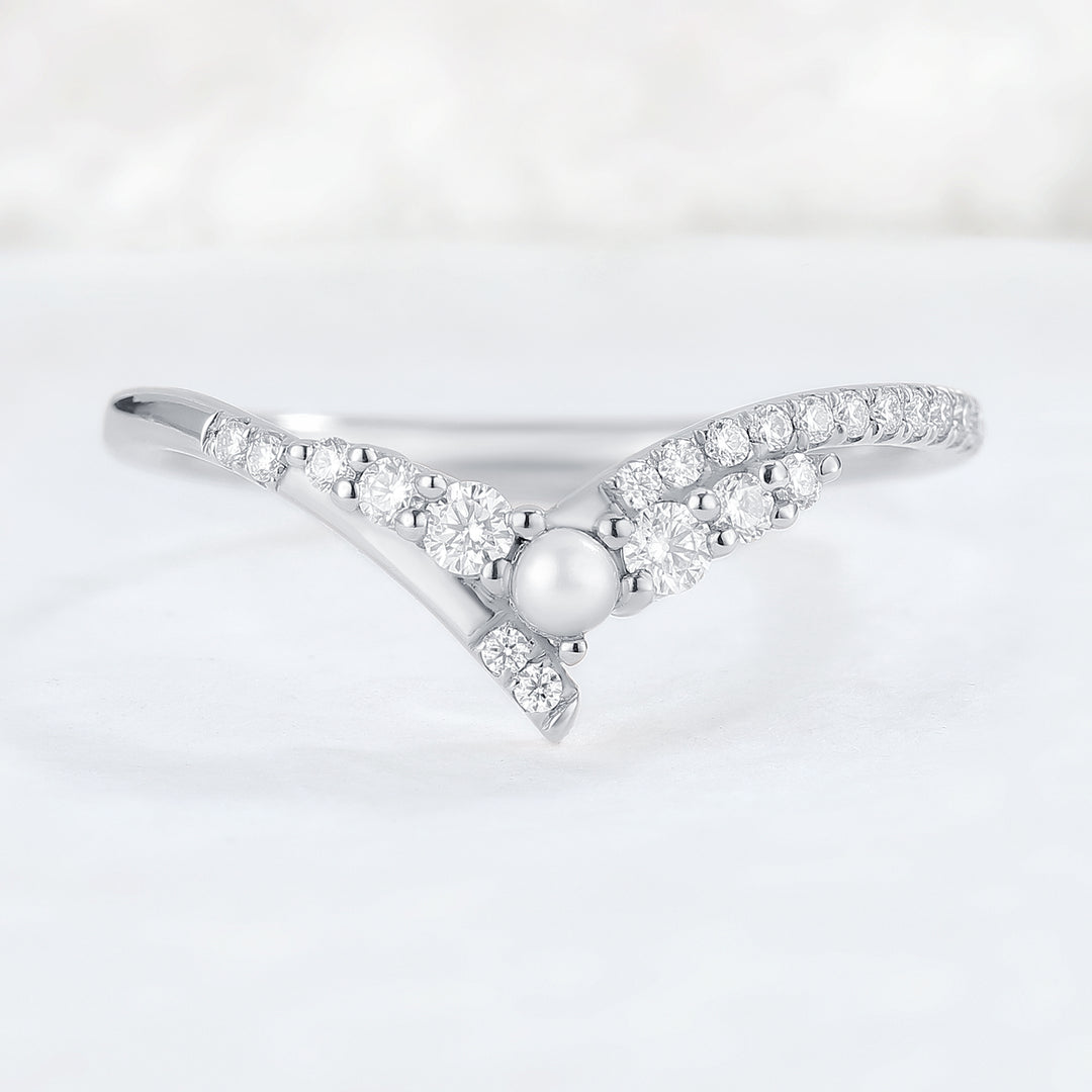 Chevron Moissanite and Pearl 14k Rose Gold Stacking Ring