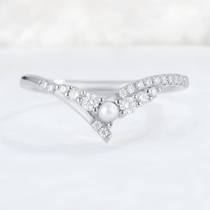 Chevron Moissanite and Pearl 14k Rose Gold Stacking Ring