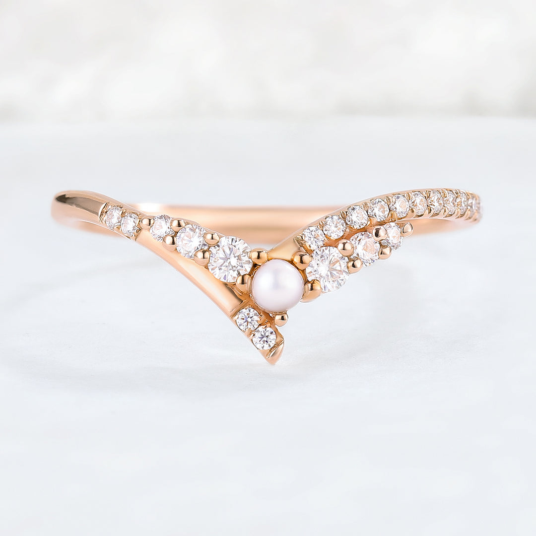 Chevron Moissanite and Pearl 14k Rose Gold Stacking Ring