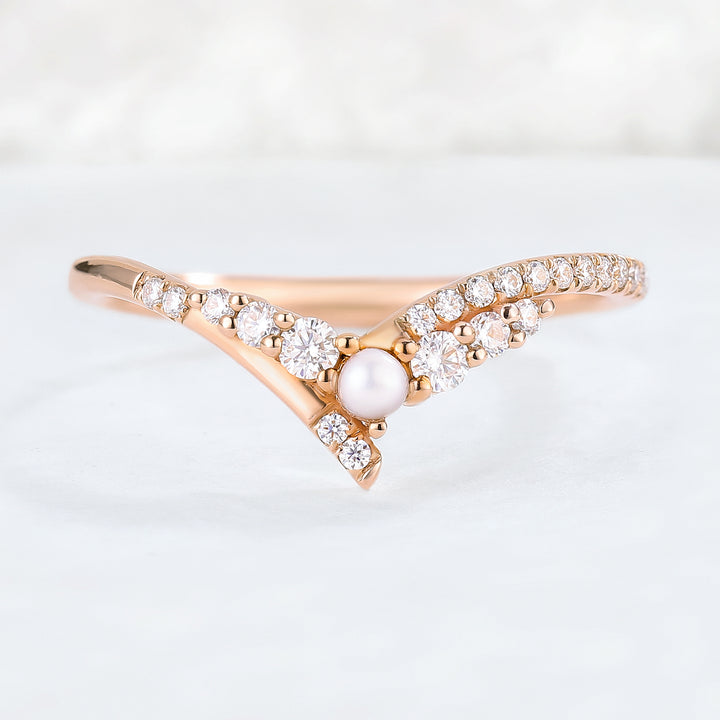 Chevron Moissanite and Pearl 14k Rose Gold Stacking Ring