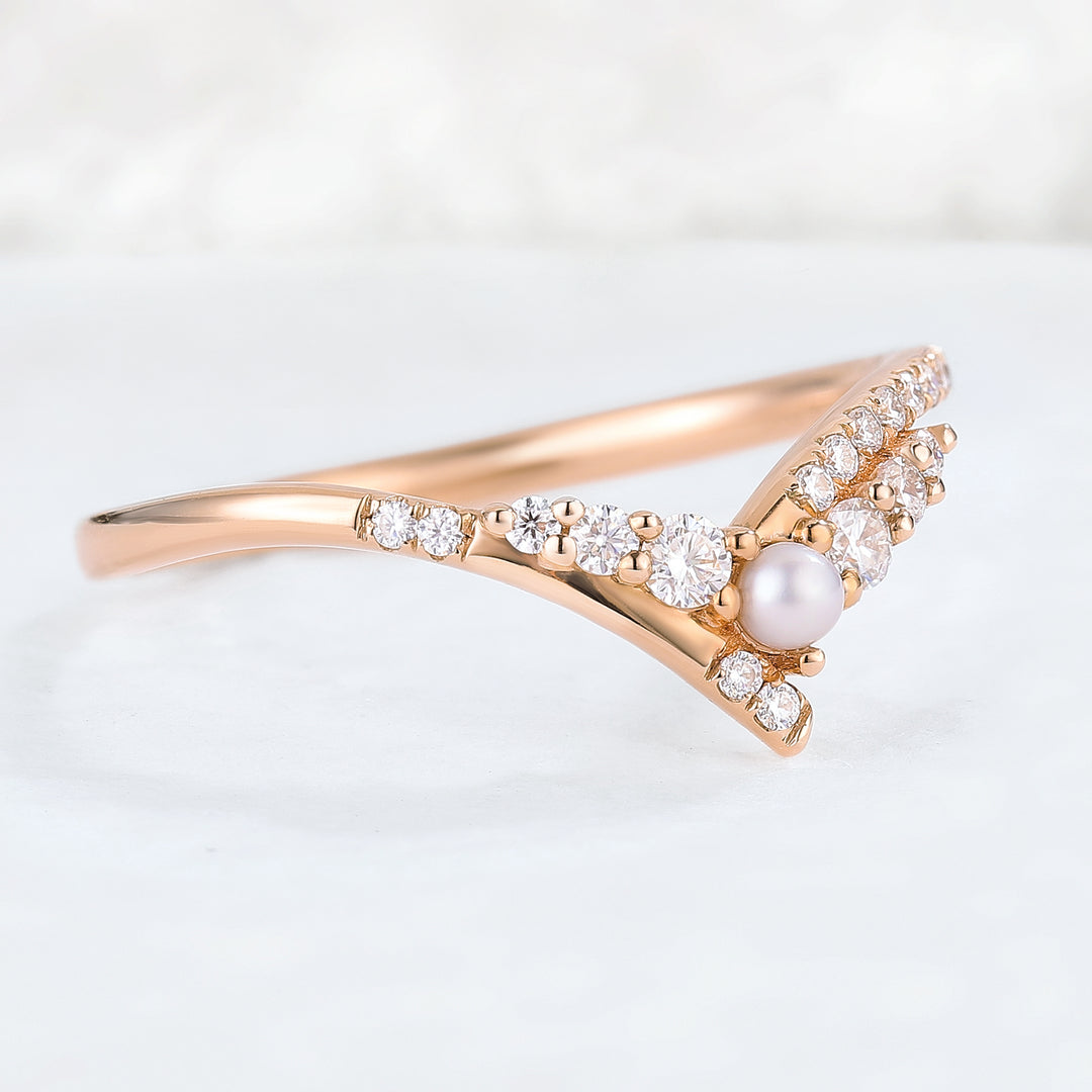 Chevron Moissanite and Pearl 14k Rose Gold Stacking Ring