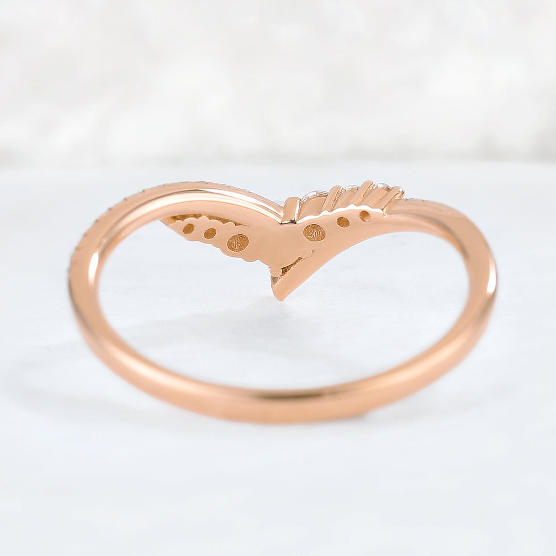 Chevron Moissanite and Pearl 14k Rose Gold Stacking Ring