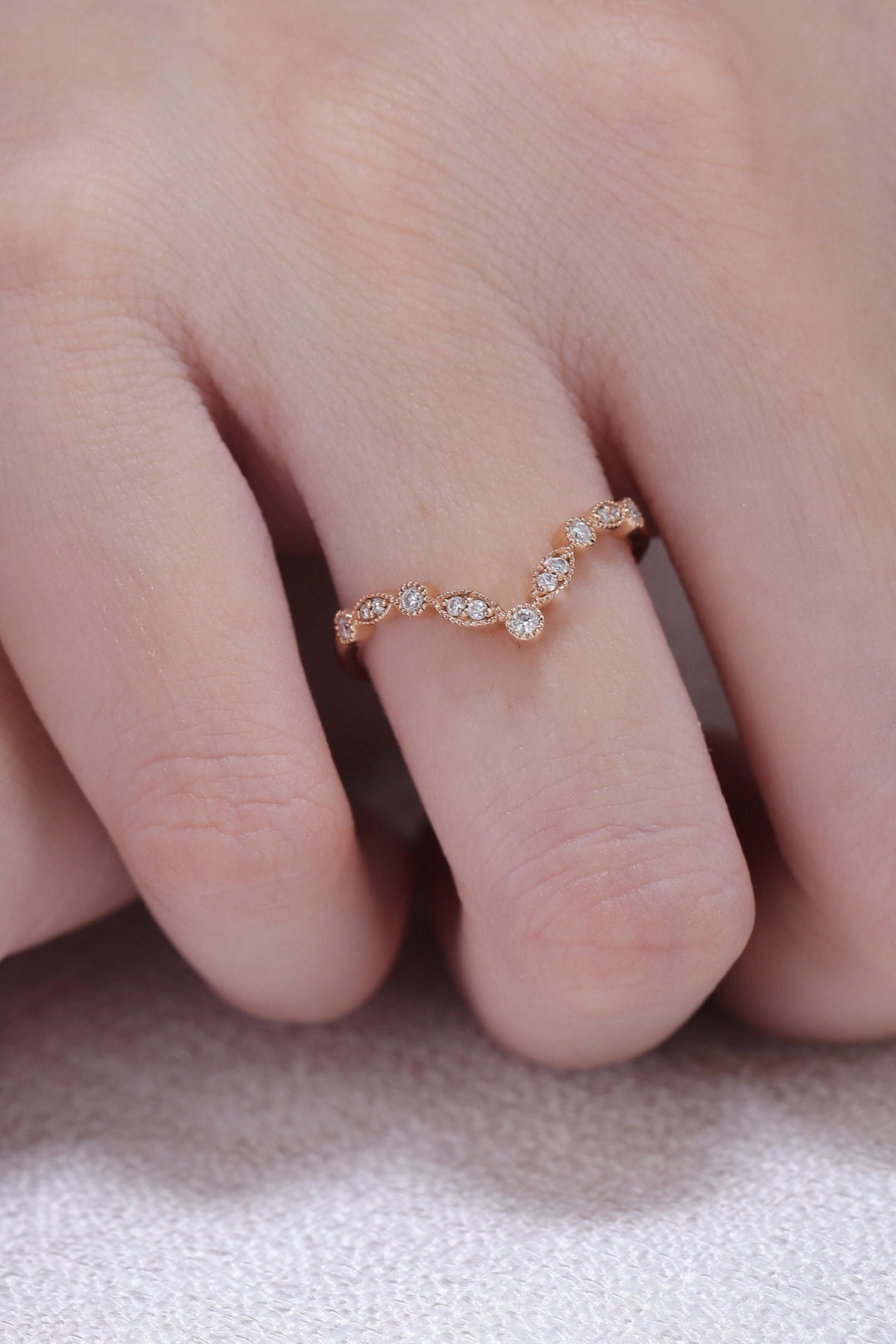 Chevron Round Cut Moissanite Rose Gold Stacking Ring