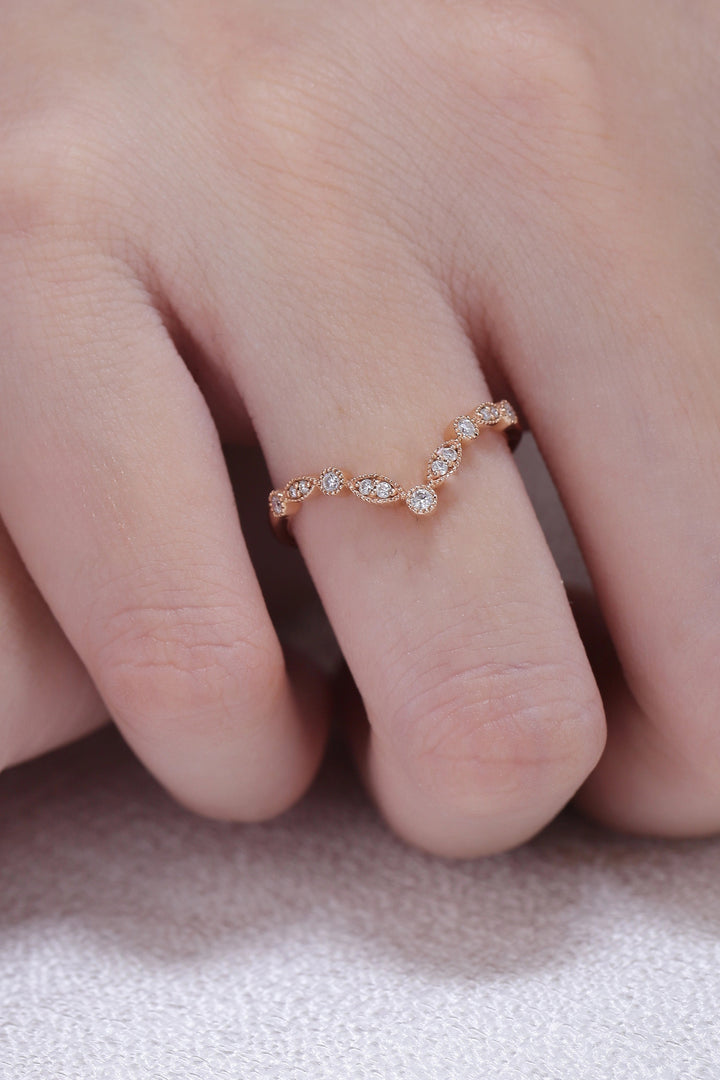 Chevron Round Cut Moissanite Rose Gold Stacking Ring