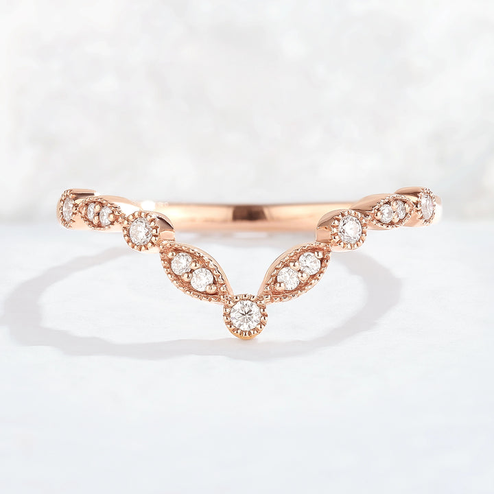 Chevron Round Cut Moissanite Rose Gold Stacking Ring