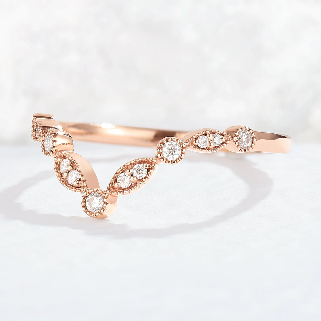 Chevron Round Cut Moissanite Rose Gold Stacking Ring