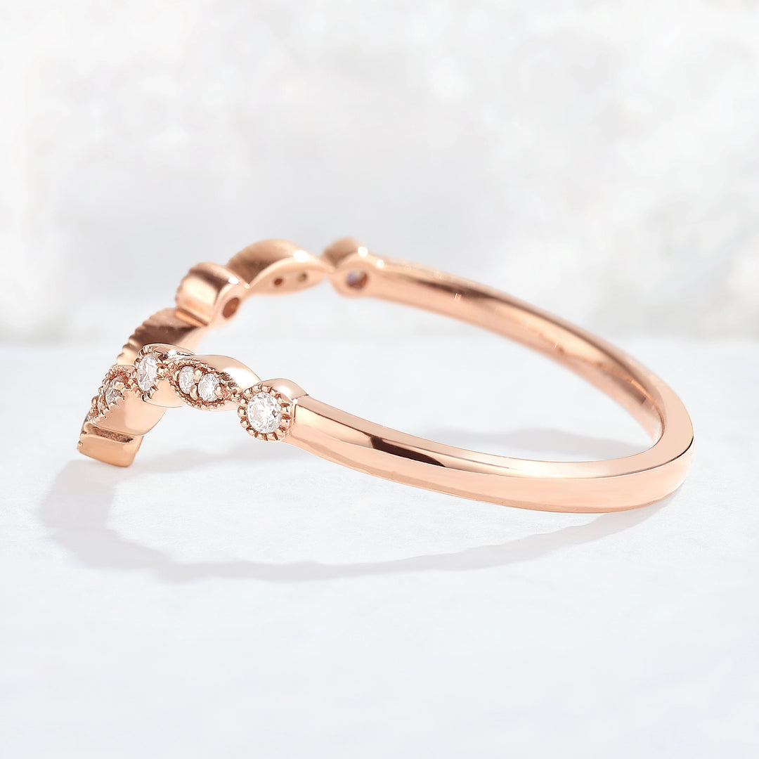 Chevron Round Cut Moissanite Rose Gold Stacking Ring