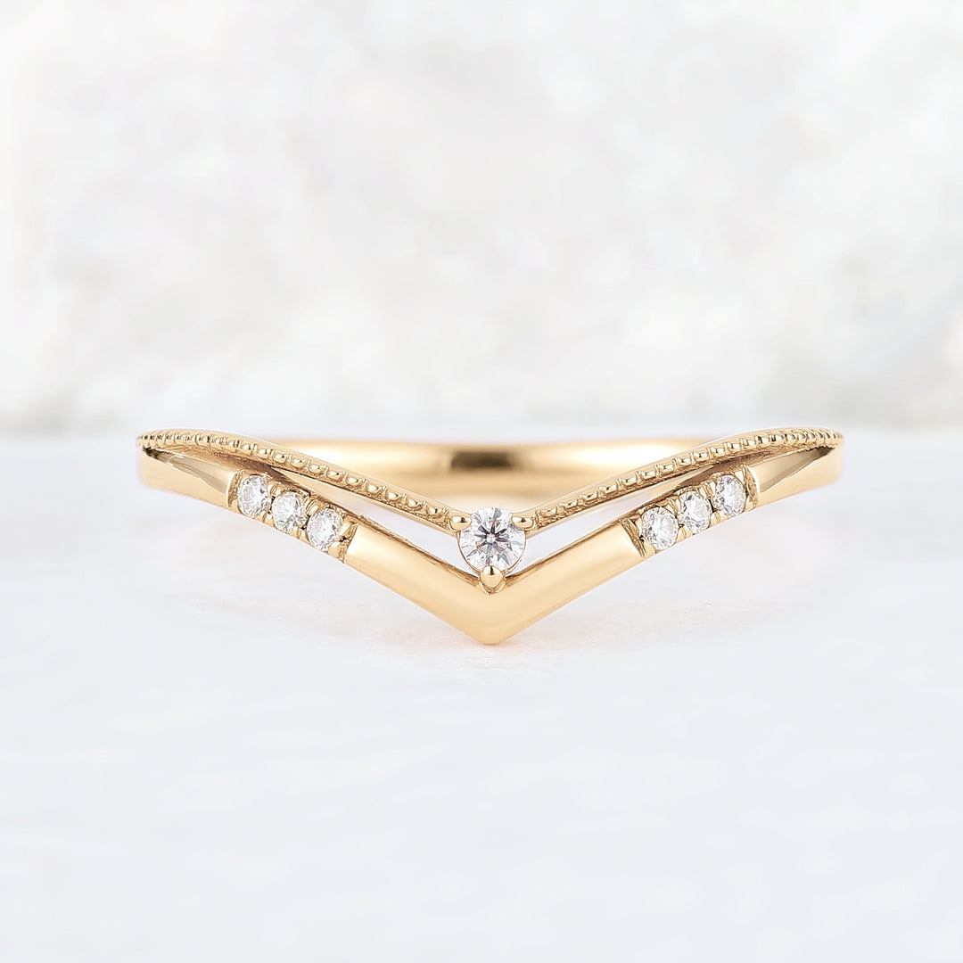 Chevron Round Moissanite 14k Rose Gold Stacking Ring