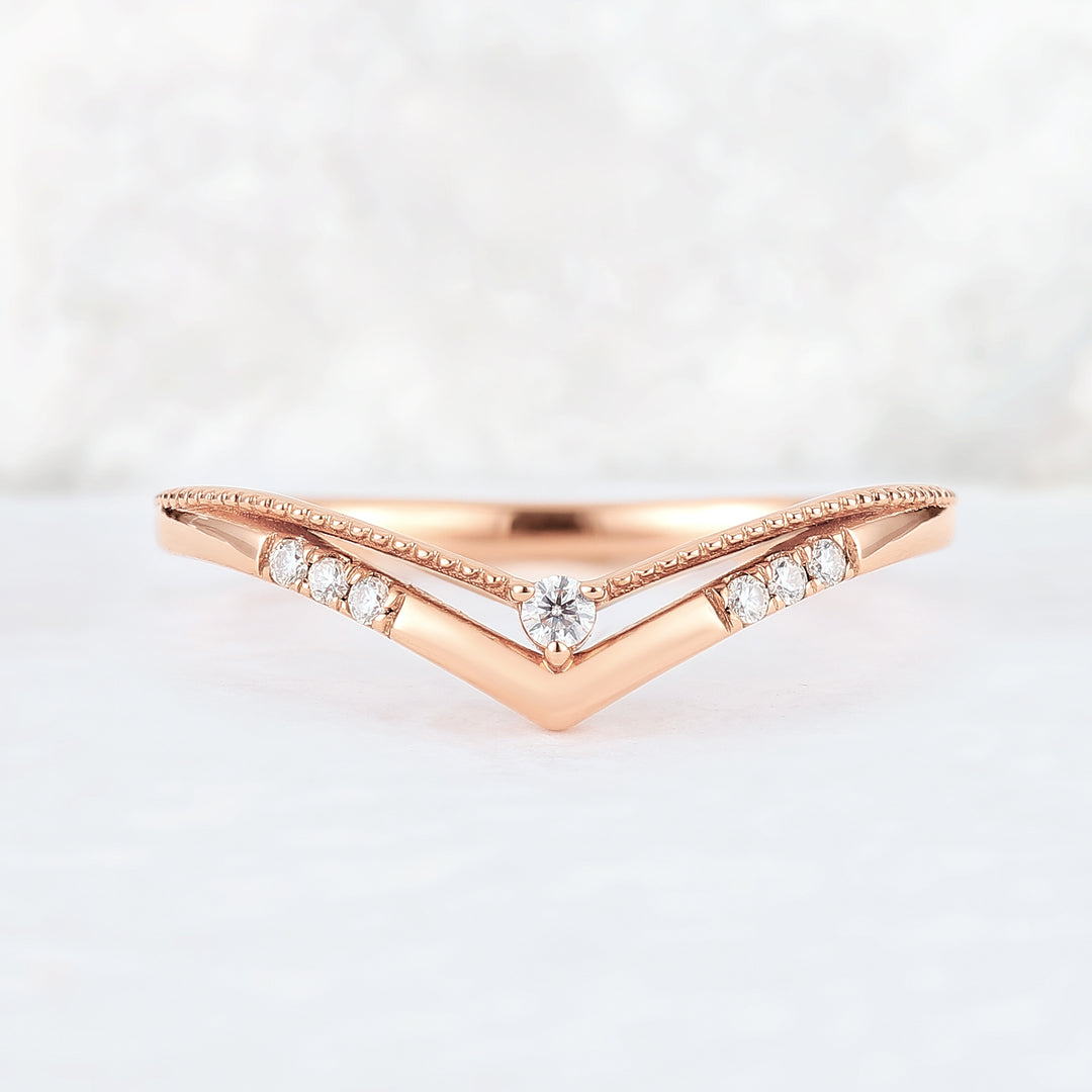 Chevron Round Moissanite 14k Rose Gold Stacking Ring