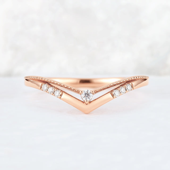 Chevron Round Moissanite 14k Rose Gold Stacking Ring