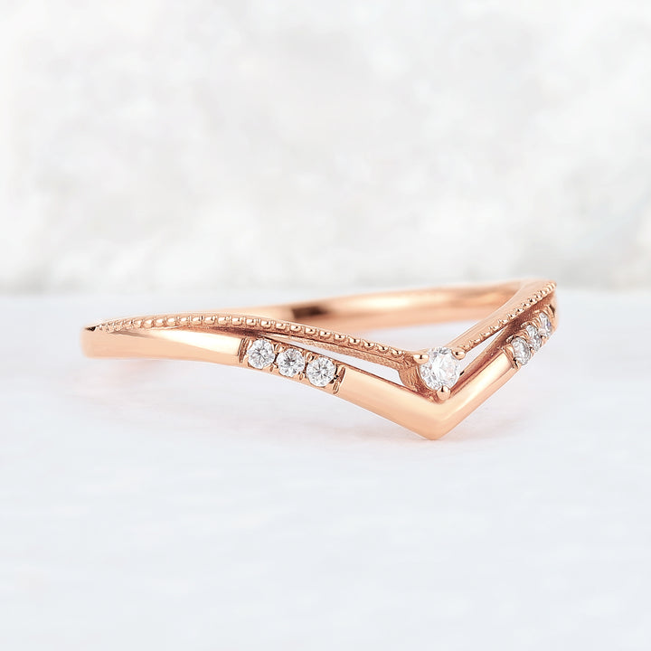 Chevron Round Moissanite 14k Rose Gold Stacking Ring