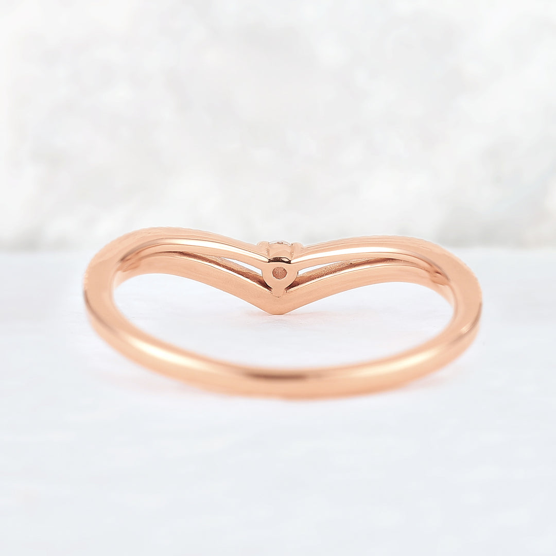 Chevron Round Moissanite 14k Rose Gold Stacking Ring