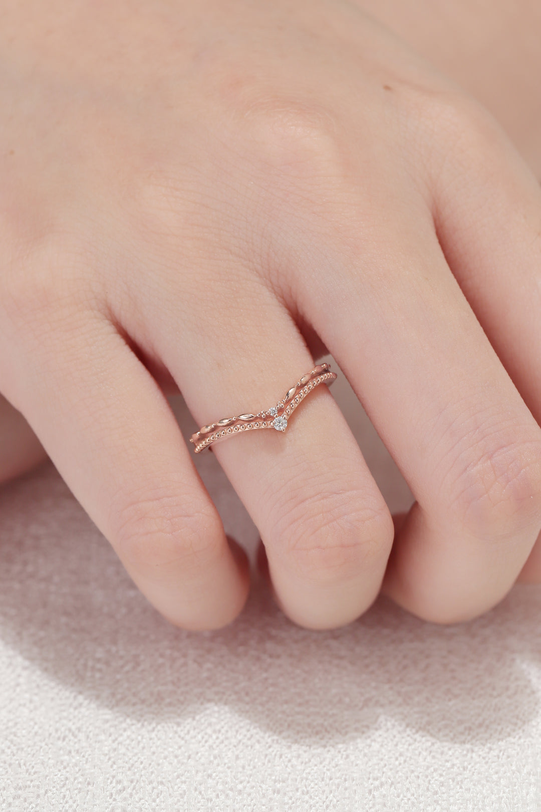 Chevron Round Moissanite Double Milgrain Wedding Ring