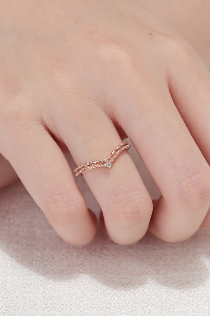 Chevron Round Moissanite Double Milgrain Wedding Ring