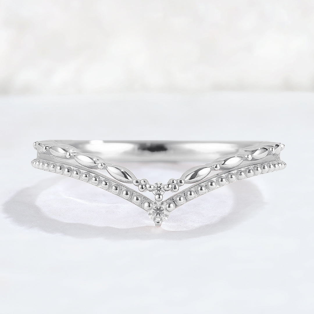 Chevron Round Moissanite Double Milgrain Wedding Ring