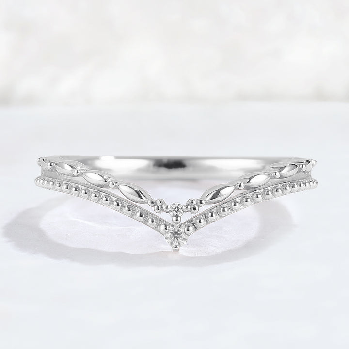 Chevron Round Moissanite Double Milgrain Wedding Ring