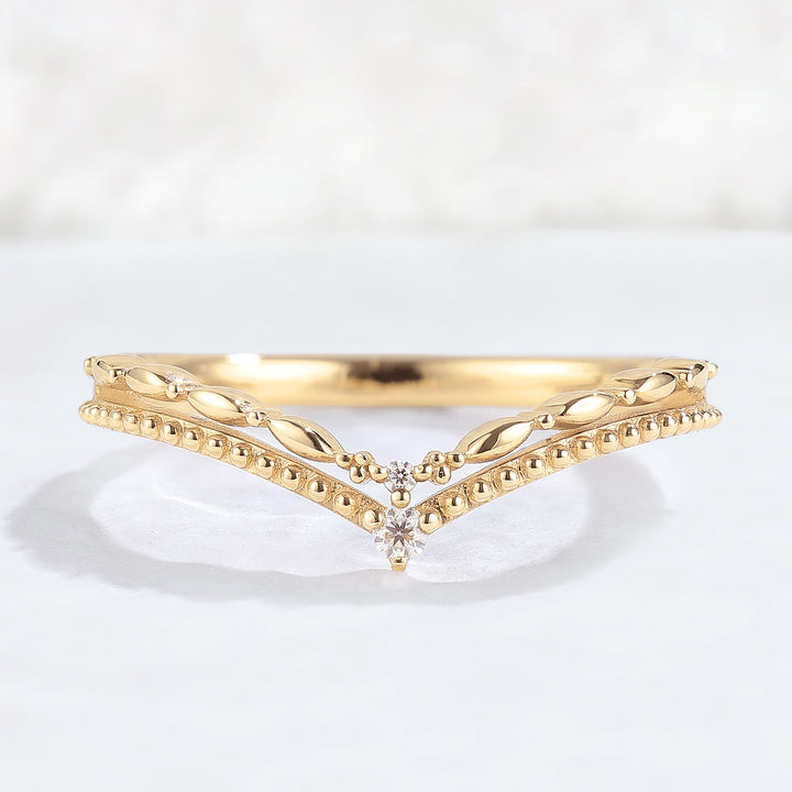 Chevron Round Moissanite Double Milgrain Wedding Ring
